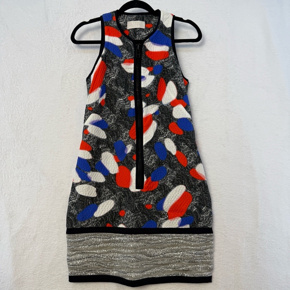 Peter Pilotto Mini Dress Women US 4 Gray Red Abstract Sheath Silk Front Zip RARE